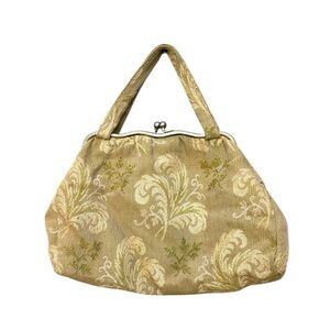 50s Brocade Green Carpet Bag Handbag with Gold Kisslock Closure